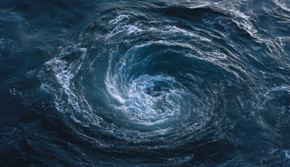 Powerful ocean vortex, swirling blue water, dynamic turbulence, white foam crests
