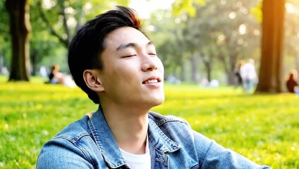 Young man smiling in park on sunny day with trees