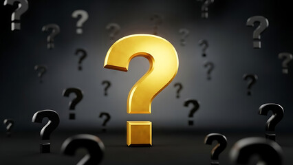 Prominent question mark surrounded by smaller question marks