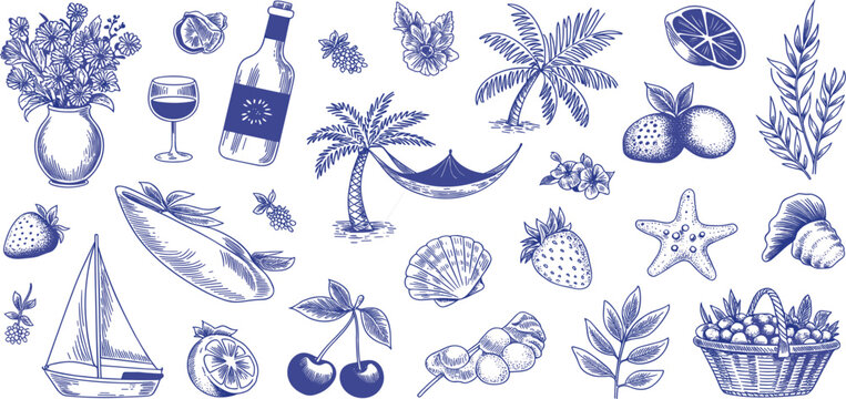 Set of hand drawn blue summer vacation icons, beach travel elements, holiday sketches isolated on white background, vector set