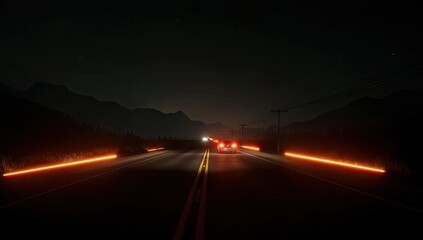 Night highway with glowing orange lines and distant car headlights