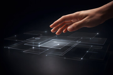 Hand hovering over layered digital squares on grid