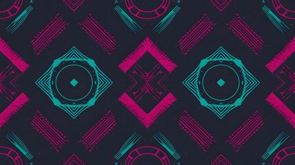Seamless Abstract Retro Pattern with Pink or Purple and Teal Geometric Shapes in 1980s Vintage Style