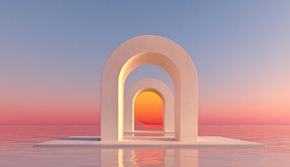 Three arched structures aligned, with sunset backdrop, reflected in calm waters