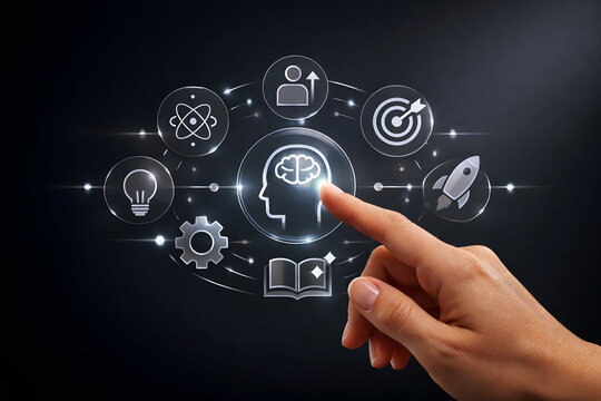 Hand activating brain icon in digital network mind - Powered by Adobe