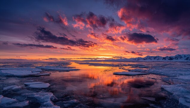 Arctic ocean at sunset with ice floes and vibrant, reflective sky