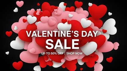 Valentines Day sale advertisement with red and pink hearts