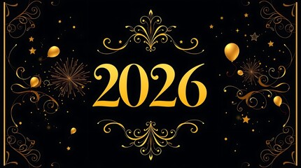 Striking black and gold graphic design prominently featuring the upcoming year twenty twenty six surrounded by elegant ornate flourishes festive balloons and bursting celebratory fireworks displays