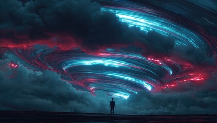 Lone figure witnesses a swirling vortex of light and clouds above
