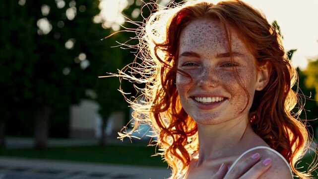 Smiling red haired woman with freckles in warm sunlight