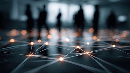 Abstract network of glowing nodes and lines with blurred figures in background
