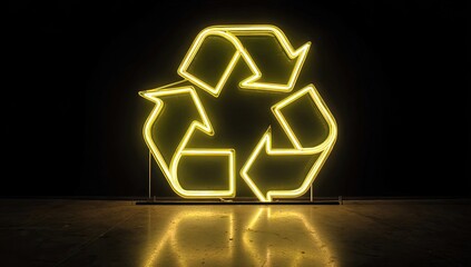 Illuminated yellow neon recycling symbol glows brightly against a dark background