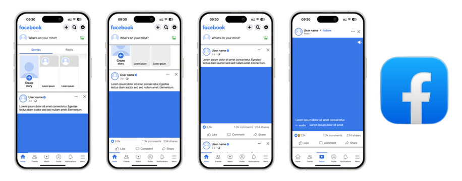 Facebook mobile UI mockup showing feed, posts, profile, stories, marketplace, groups, and messages layout for modern social media app interface on mobile screens.