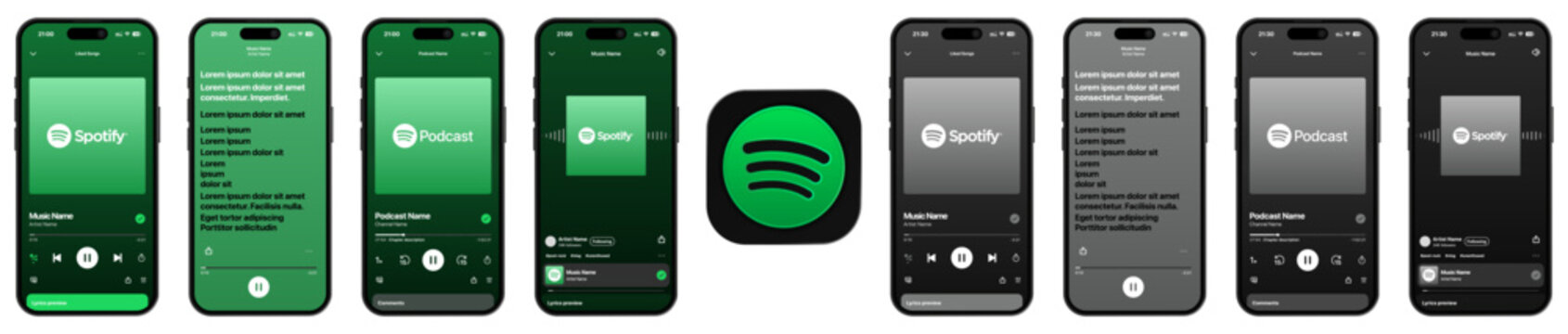 Spotify Music Player UI mockup showing playlist, album art, playback controls, and podcast streaming interface for mobile app, designed for 2026 new year update.