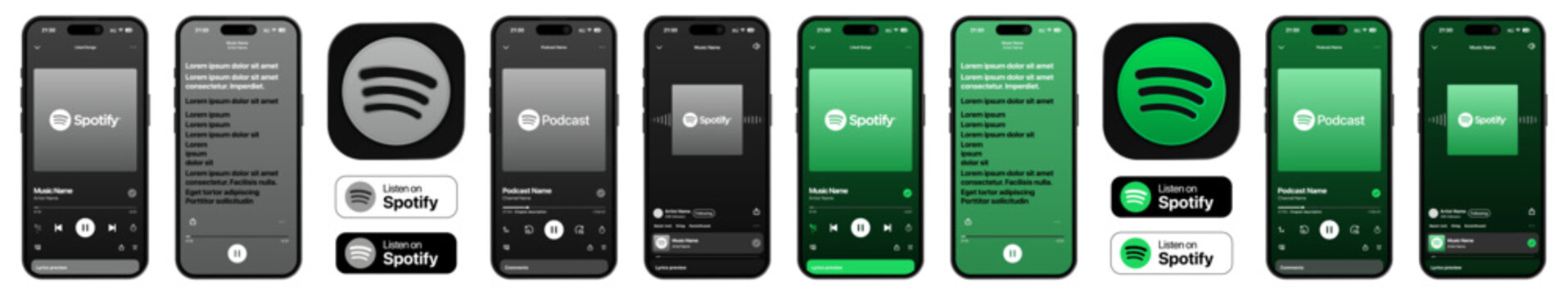Spotify Music Player UI mockup showing playlist, album art, playback controls, and podcast streaming interface for mobile app, designed for 2026 new year update.