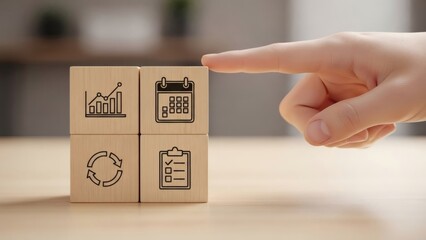 Annual Business Planning Strategy. Wooden blocks with charts calendar checklist icons, symbolizing quarterly planning performance review and structured business execution cycles.
