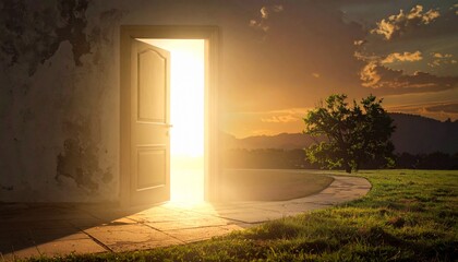 Light shines through an open door in a field during sunset, illuminating the surroundings and creating a warm glow