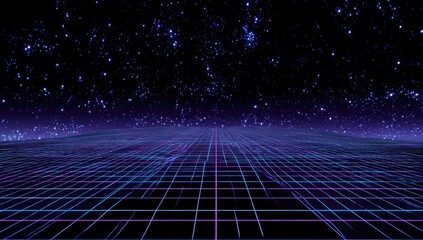 Futuristic grid landscape stretches toward a starry, cosmic night sky