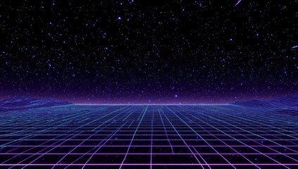 Futuristic neon grid stretches toward a starry, cosmic horizon