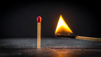 Matchsticks burning in dark background with one matchstick unlit and one matchstick lit showing flame