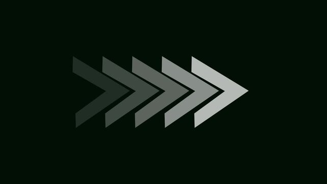 Four grey chevron arrows pointing left in a sequence on a black background direction movement. 4k