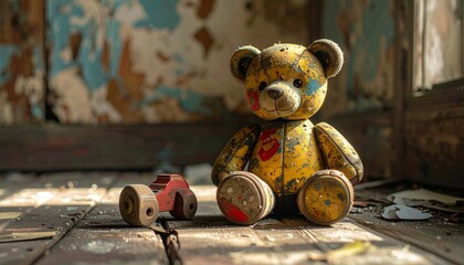 Old teddy bear and wooden toy car in an abandoned room with peeling paint and dust