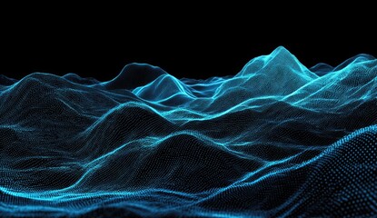 Glowing blue abstract digital terrain of shimmering dots against black