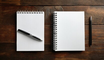 Overhead shot of two spiral notebooks with a pen on a rich, dark wooden surface