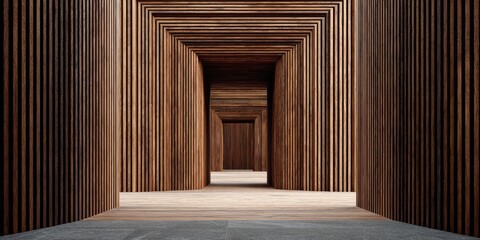 Wooden corridor leads into a series of squared tunnels with decreasing size towards the light