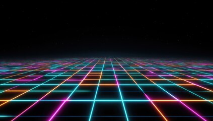 Neon grid receding into a starry, dark abyss
