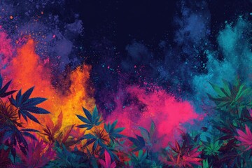 Vibrant, swirling colors burst above dark green foliage with abstract splatters