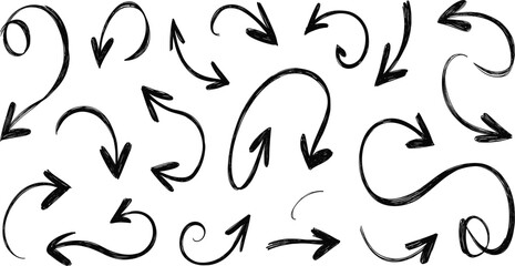 Hand drawn black ink arrow vector set with curved, swirl, loop and pointing doodle elements for creative design