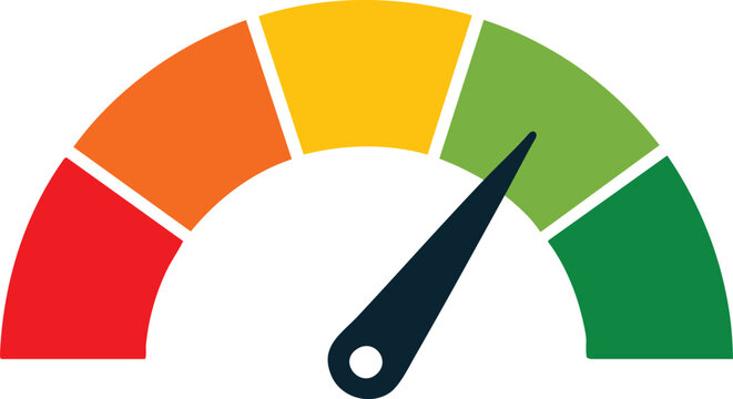 Speedometer gauge with needle pointing to green representing performance and success isolated on white background