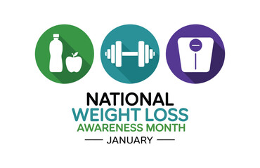 National Weight Loss Awareness Month Banner for January with Fitness Nutrition and Diet Icons, Healthy Lifestyle Transformation and Wellness Goals