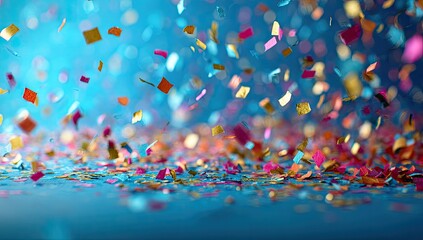 Colorful confetti falling in front of a turquoise blue background, bokeh effect