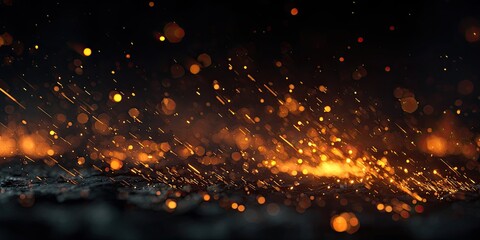 Dark background with glowing orange sparks and bokeh lights