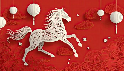 Papercut horse leaps against red background with clouds, lanterns, and floral accents