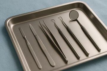 Professional surgical instrument tray containing stainless steel scalpel and diagnostic mirror for hospital operation room preparation and healthcare equipment inventory management.