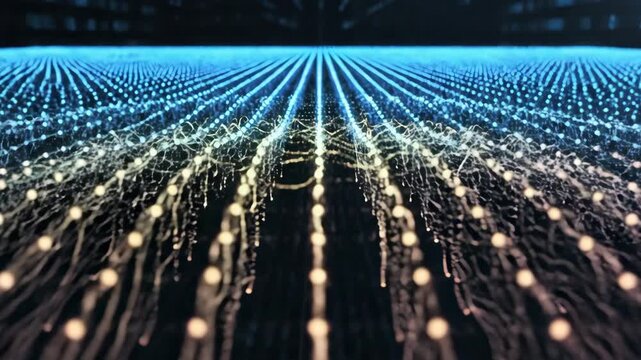 AI data flow network wave with glowing particles in dark space. AI concept.