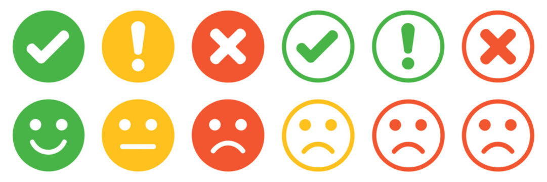 Set of flat round icon buttons, green, yellow, and red, with check marks, cross marks, alerts, and emoji, vector illustration, suitable for web design, mobile applications, and infographics.