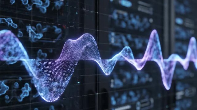 AI data flow purple waveform over digital dashboard background. AI concept.