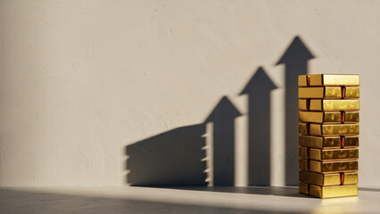 Gold ingots stacked with upward arrow shadow on wall, financial growth and investment concept, wealth protection, inflation hedge and asset security, ideal for banking, finance, fintech, and wealth