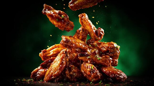 Crispy chicken wings in spicy sauce at a food event in the evening