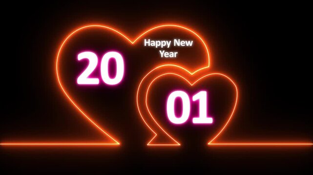 Neon line valentines day animated card with hearts love. Neon glowing Two love hearts. Valentine's Day indicate. Love One line drawing concept, valentines love heart with happy new year 2001