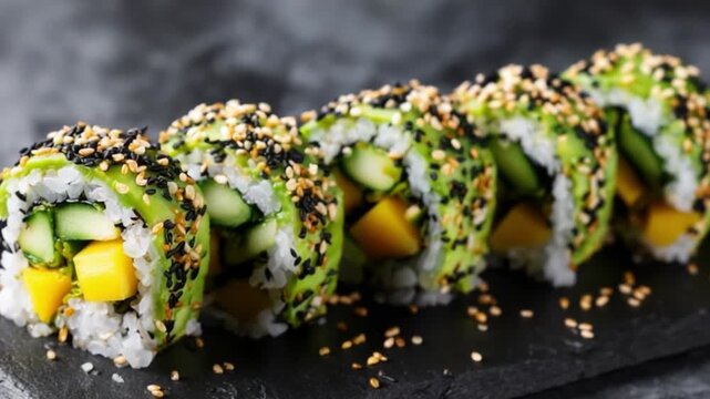 Fresh avocado mango sushi rolls with sesame seeds on dark slate, vibrant green cucumber and yellow mango slices visible