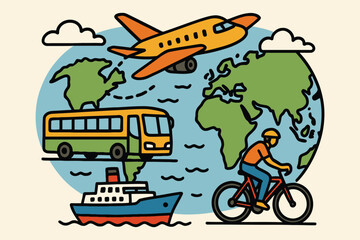 Fototapeta premium Multi modal transport illustration with airplane bus ship and bicycle on world map