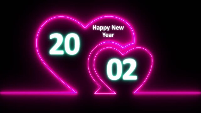 Neon line valentines day animated card with hearts love. Neon glowing Two love hearts. Valentine's Day indicate. Love One line drawing concept, valentines love heart with happy new year 2002
