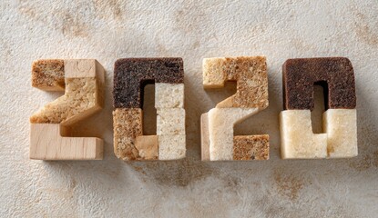 Wooden and baked goods materials form the year 2020 on a beige, textured surface