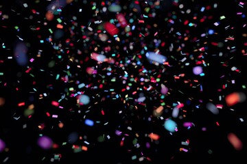 Colorful confetti bursts against a dark background, creating a festive celebration