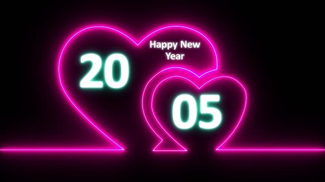 Neon line valentines day animated card with hearts love. Neon glowing Two love hearts. Valentine's Day indicate. Love One line drawing concept, valentines love heart with happy new year 2005